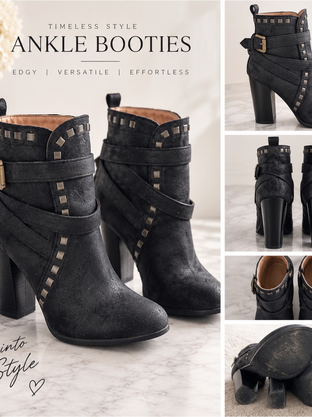 Venus Black Wrap Strap Studded Heeled Ankle Booties – Approx. Size 7
